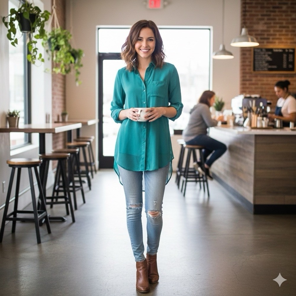 Free People Teal High Low Button Down Blouse XS Long Sleeve Lightweight Top